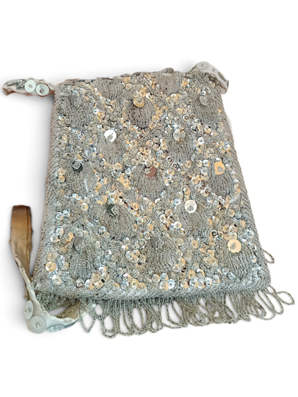 Vintage silver sequin beaded evening bag with fringe detailing 60s retro flapper